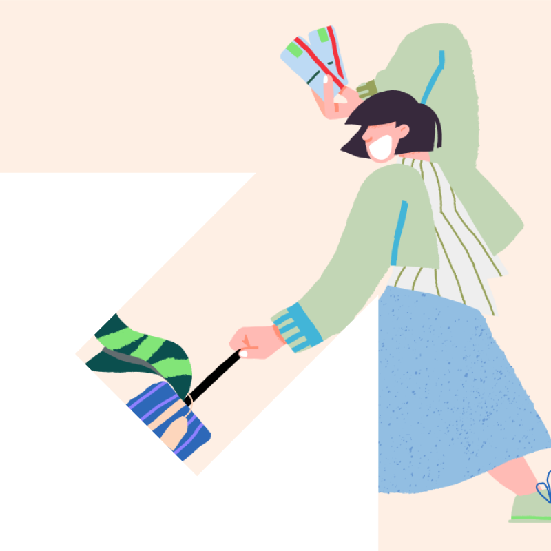 An illustration of a women and her suitcase in the shape of an arrow