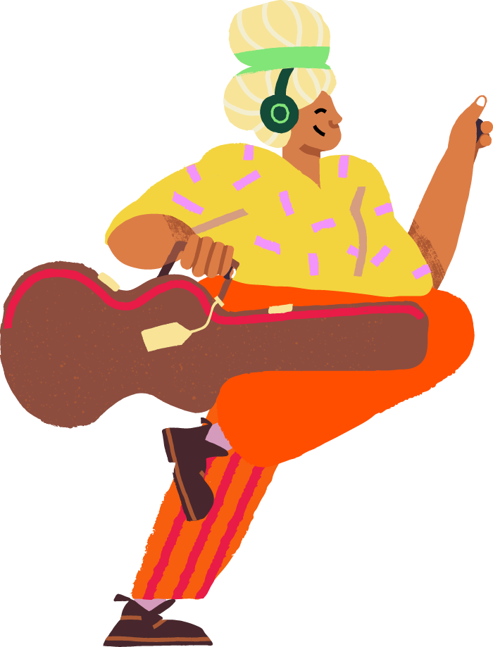 Drawing of a woman relaxed carrying a guitar