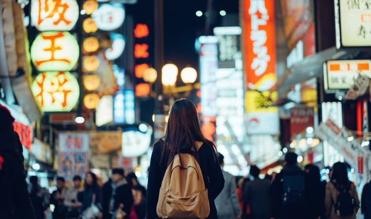 Young Asian female traveller exploring and strolling along the busy and colourful neon signboard downtown city street at night in Osaka, Japan