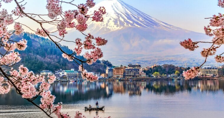 Fisherman sailing boat in Kawaguchiko Lake and Sakura with Fuji Mountain Reflection Background