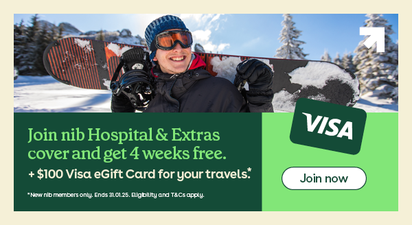 A promotional tile for nib health travel insurance featuring a snowboarder smiling